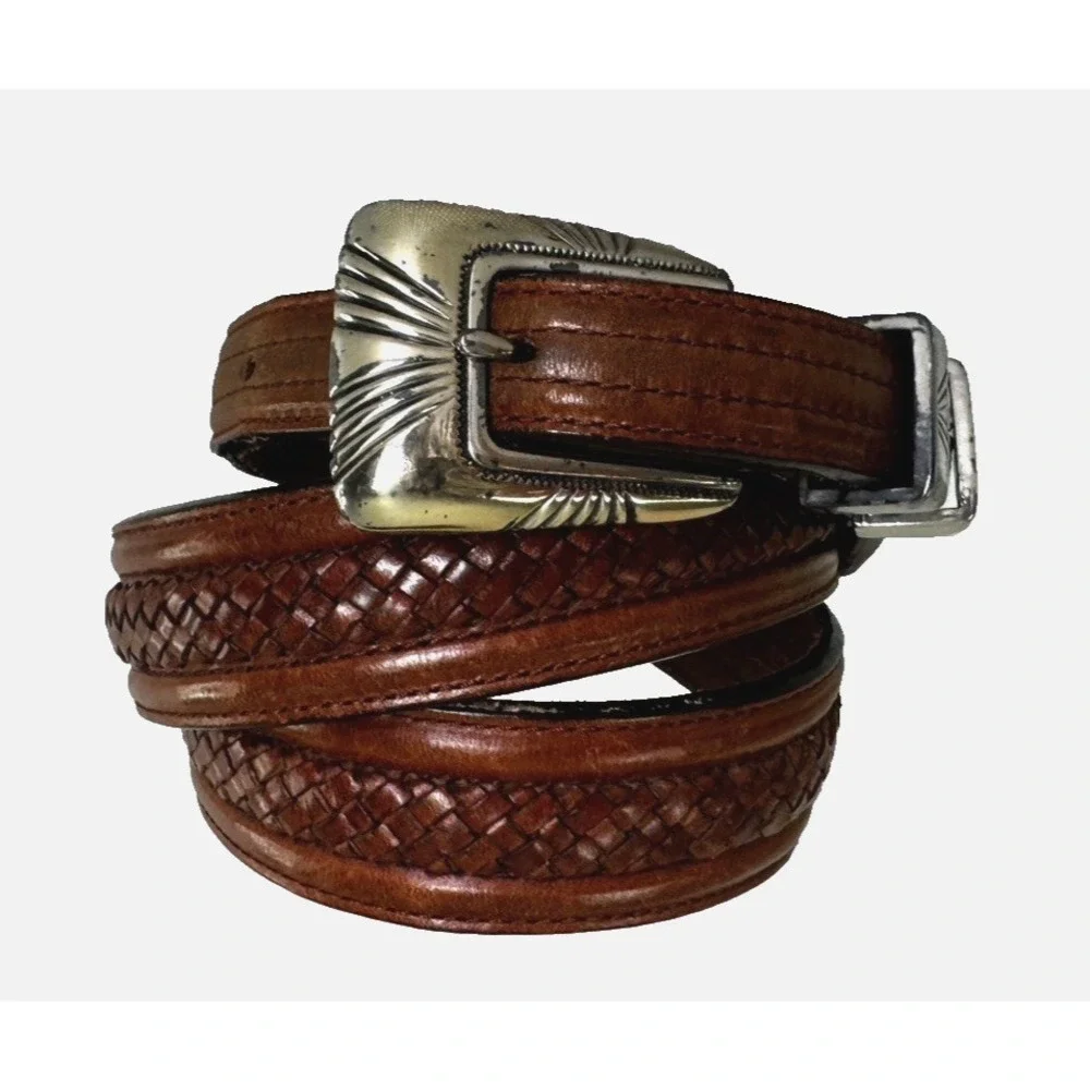 Tony Lama Mens 38 Leather Braided Belt Cognac Engraved Silver Buckle Western Cow